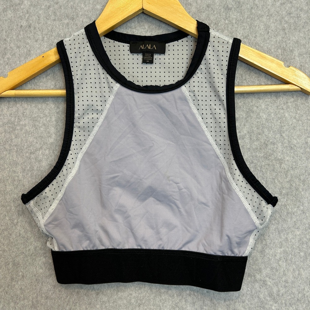 ALALA Size XS Sports Bra Crop Top Gray Black Mesh Colorblock Activewear Gym Yoga